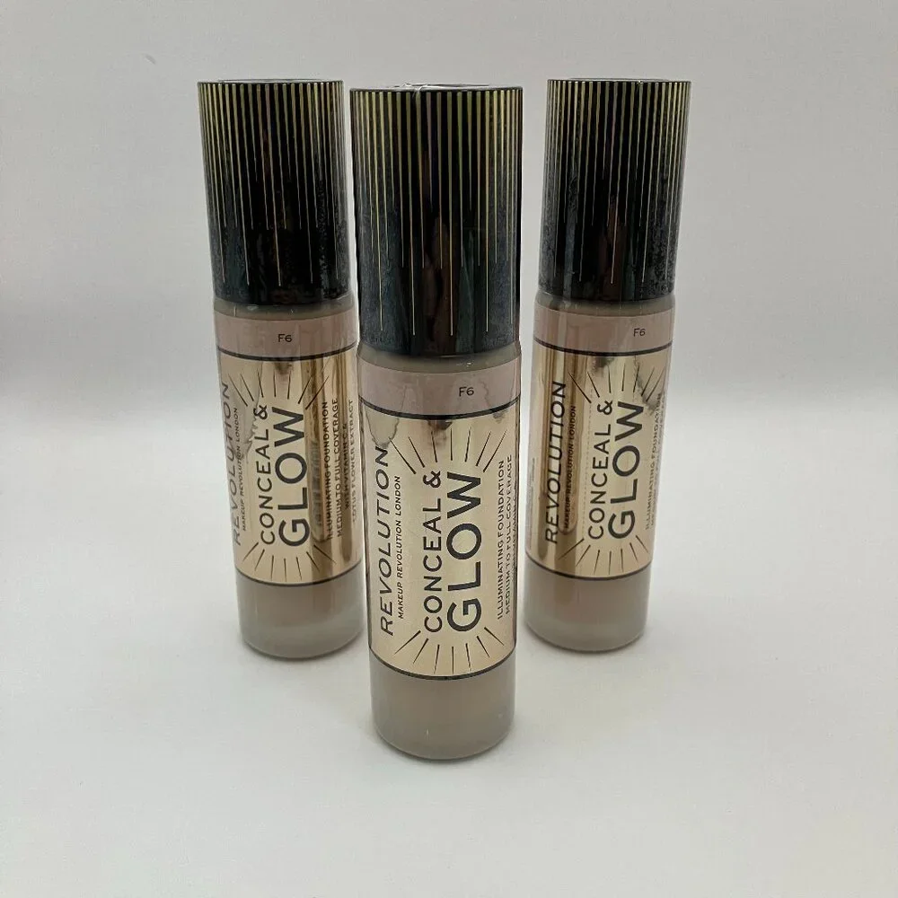 Revolution Conceal & Glow Foundation F6 - Illuminating, 23ml, Cruelty-Free 3set